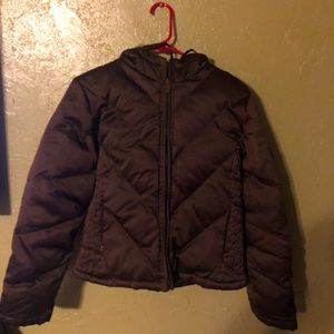 Women's L.E.I. Brown down hooded coat.  Zip pockets with extra pocket inside. Lg